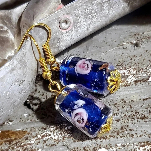 Cobalt Blue Murano Lampwork Glass Flower Inside Vintage Bead Round Tube Earrings - Picture 4 of 10